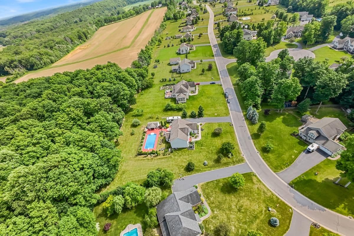 Aerial of homes along a country road