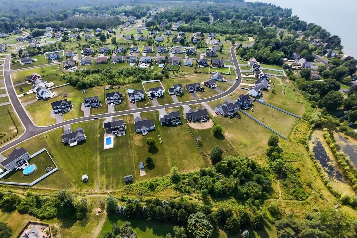 Aerial of a residential community near the lake