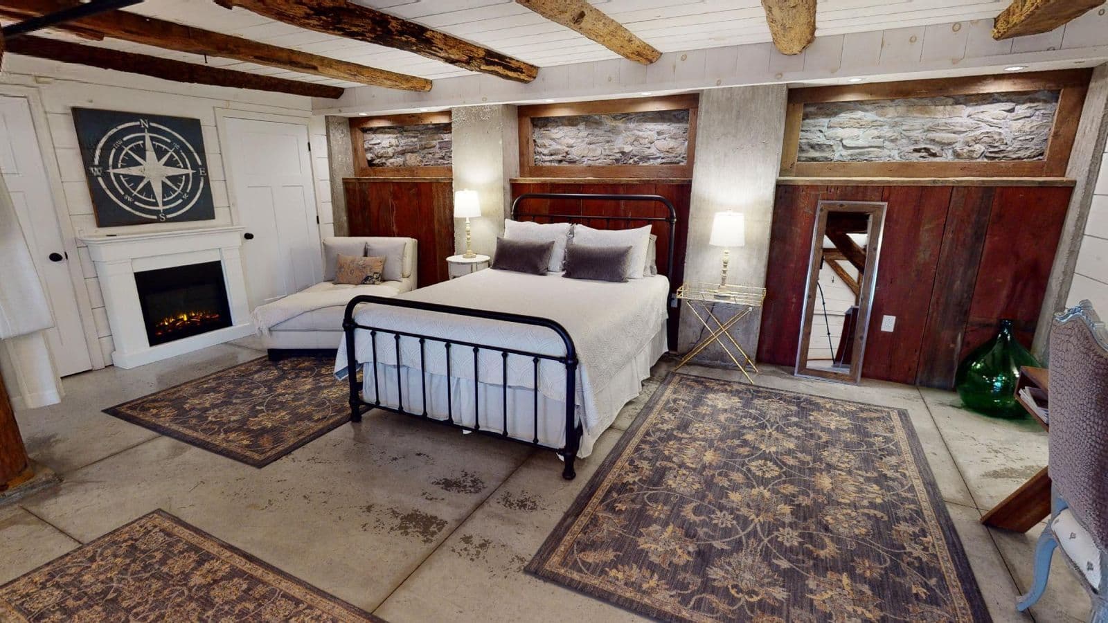 Barn bedroom with fireplace