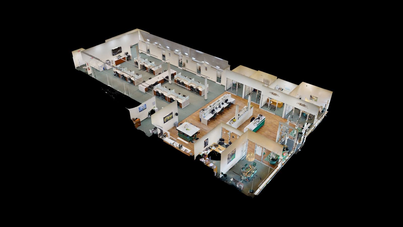 3D dollhouse view of an office
